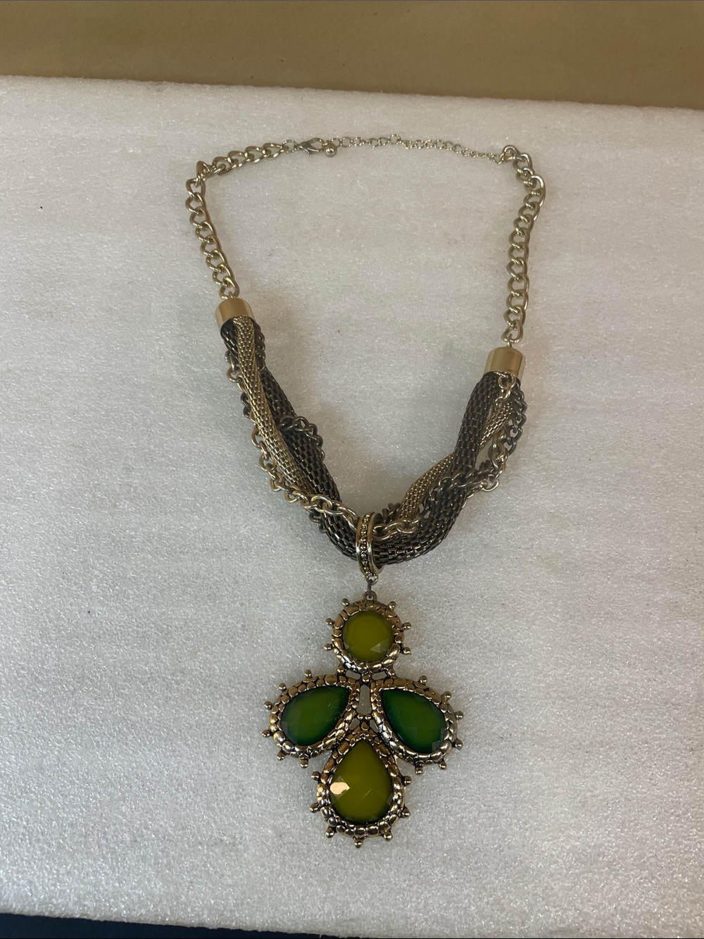 Gold-Tone Multi-Chain Necklace with Green Gemstone Cross Pendant